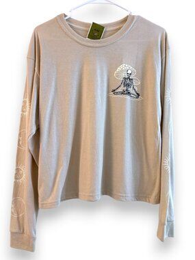 Weekend Warrior Beige Long Sleeve Boxy Crop Top Skeleton Celestial Trippy Large